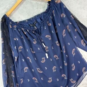 White House Black‎ Market Women's Paisley Off Shoulder Blouse Navy Lace Sz L NWT